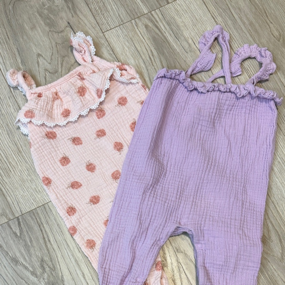 Emily and Oliver Baby Muslin Romper Bundle 6-9M Pink Strawberry Lavender 2pc Set